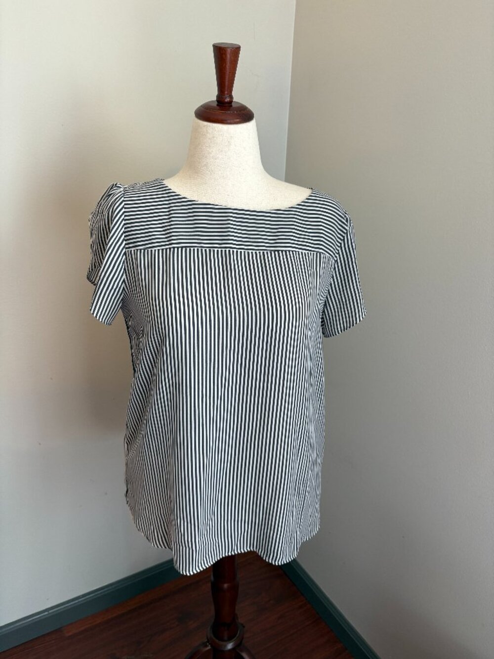 LOFT Black & White Striped Blouse Medium Short Sleeve Boat Neck Top